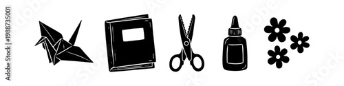 Black hand-drawn icons for scrapbooking and crafts including an origami crane, notebook, scissors, glue, and flowers on a white background. Perfect for DIY projects and creative hobby themes.