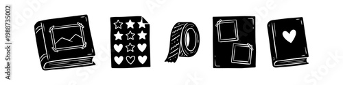 Black and white hand-drawn scrapbooking icon set featuring a photo album, stickers, washi tape, and diary. Ideal for memory keeping, journaling, and DIY craft projects.