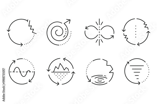 Illustrations of different types of fluid flow and wave patterns in circular paths