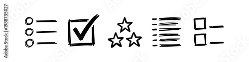 A set of hand-drawn productivity and task management icons featuring a to-do list, checkmark, rating stars, and checkboxes. Perfect for business organization, planning, and web design elements.