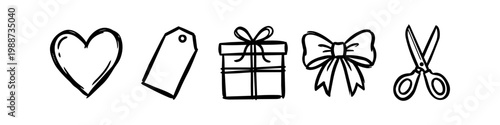 Set of hand-drawn gift and craft icons featuring a heart, tag, present, bow, and scissors. Minimalist black ink doodle style on white background for DIY, shopping, and celebratory designs.