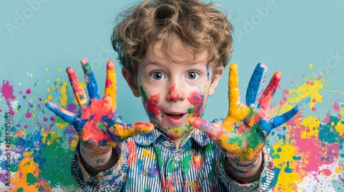 Happy boy with colorful painted hands shows painted palms. Little artist, concept of happy childhood and fun.