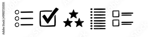 Hand-drawn survey and checklist icons set featuring checkmark, stars, bulleted lists, and to-do boxes in a doodle sketch style on a white background.
