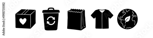 Set of black eco-friendly icons featuring a donation box, recycling bin, paper bag, t-shirt, and earth globe with a leaf, representing sustainability and ethical living.