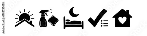 A set of five minimalist black icons on a white background depicting daily home routines including sunrise, cleaning supplies, a bed for sleep, a checklist, and a house with a heart.