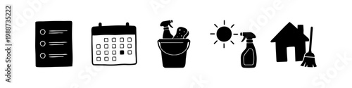 Hand-drawn black silhouette icons for house cleaning and organization, featuring a checklist, calendar, bucket with supplies, and broom. Ideal for spring cleaning and maintenance themes.