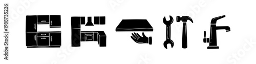 Collection of black kitchen renovation and repair icons featuring cabinets, tools like a wrench and hammer, a faucet, and countertop installation. Ideal for home improvement and plumbing services.