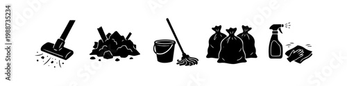 Set of black cleaning icons featuring vacuuming, debris, mop and bucket, garbage bags, and spray bottle with a wiping hand. Perfect for sanitation, housekeeping, and waste management concepts.