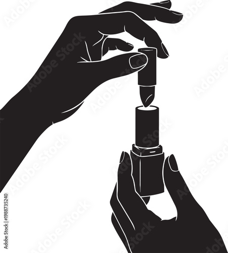 Hand refills dark lipstick tube, minimalist style