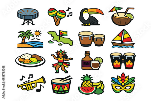 A collection of colorful hand drawn icons representing caribbean culture and tropical lifestyle