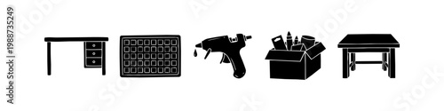 Hand-drawn black silhouettes of craft and workshop items including a desk with drawers, organizer tray, glue gun, storage box, and workbench. Ideal for DIY, hobby, and workspace concepts.