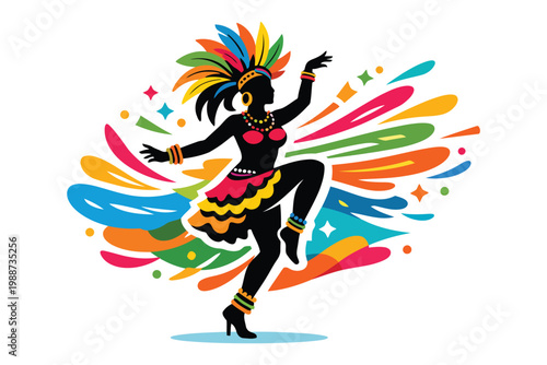 A vibrant silhouette of a carnival dancer performing with colorful splashes and festive plumage