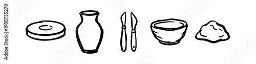 Hand-drawn doodle set of pottery tools and ceramic items including a wheel, vase, sculpting knives, bowl, and clay lump. Minimalist black and white vector icons for ceramic workshop theme.
