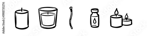 Hand-drawn black and white icon set for candle making and aromatherapy, including pillar candles, jar candles, wicks, fragrance oil bottles, and lit tea lights in a minimalist doodle style.