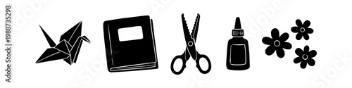 Silhouette icons of craft supplies featuring an origami crane, notebook, zig-zag scissors, glue bottle, and paper flowers. Ideal for DIY, hobby, and scrapbooking designs.