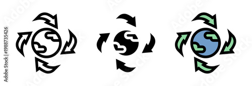 Conjunto de iconos de reciclaje global. Economía circular, planeta sostenible, reutilización continua, proceso ecológico, cuidado ambiental. Ilustración vectorial