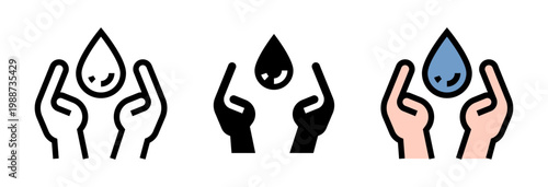 Conjunto de iconos de cuidado del agua. Protección hídrica, manos responsables, conservación del recurso, uso consciente, sostenibilidad vital. Ilustración vectorial