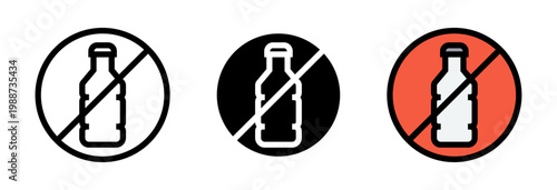 Conjunto de iconos de prohibición de plástico. Restricción ambiental, consumo responsable, reducción de residuos, contaminación evitada, cuidado ecológico. Ilustración vectorial