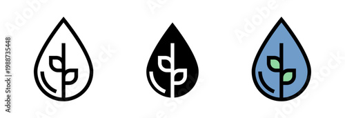 Conjunto de iconos de agua ecológica. Gota sostenible, crecimiento natural, recurso renovable, equilibrio ambiental, vida verde. Ilustración vectorial