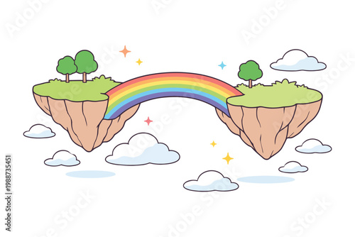 A whimsical illustration of two floating islands connected by a colorful rainbow in the sky