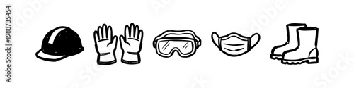 Tablou pe pânză Collection of hand-drawn personal protective equipment (PPE) icons: hard hat, gloves, goggles, face mask, and boots