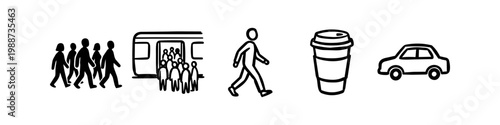 Set of hand-drawn minimalist icons representing daily commute, including walking people, subway train, coffee cup, and car. Black line art on white background.