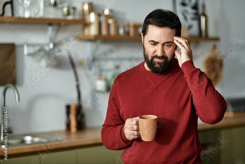 Fotografie Handsome man in cozy kitchen holding cup and reflecting on a thoughtful moment a