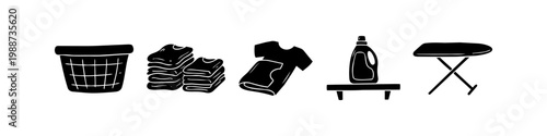 Set of hand-drawn black silhouette laundry icons featuring a basket, folded clothes, a t-shirt, detergent, and an ironing board. Ideal for household chores and clothing care themes.