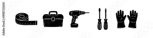 Black silhouette collection of home improvement tools: measuring tape, toolbox, electric drill, screwdrivers, and work gloves. Ideal for DIY, construction, and repair projects.