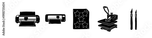 A set of five black silhouette icons representing DIY crafting equipment: a printer, vinyl cutter, star decal sheet, heat press machine, and utility craft knives on a white background.