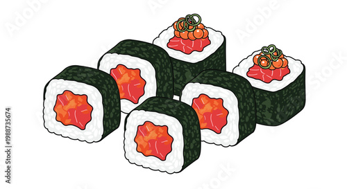 Assortment of fresh spicy tuna sushi rolls with vibrant red filling and delicate toppings like roe and green onions, presented as an appealing culinary illustration.