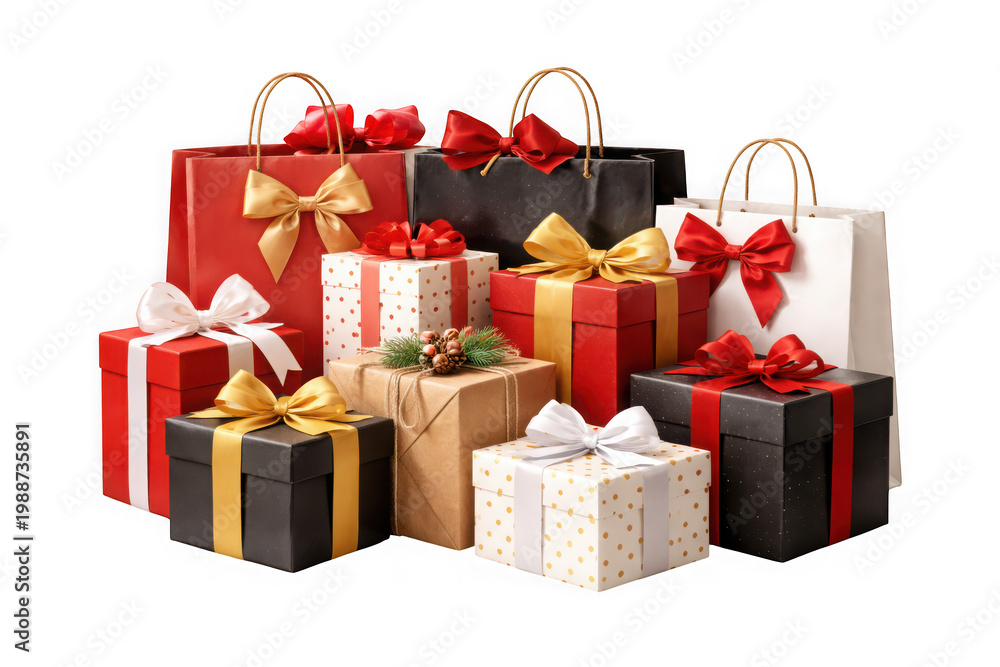 Fototapeta premium Group of colorful christmas gift boxes and shopping bags isolated on transparent background
