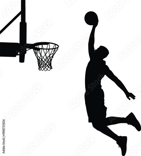 Black silhouette of basketball player dunking into hoop vector illustration EPS PNG file