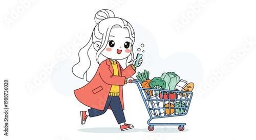 Cartoon rabbit woman pushing grocery cart filled with fresh produce and colorful products