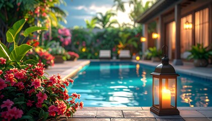 A tranquil pool reflects sunlight near lush flowers and a cozy patio, evoking calm and relaxation