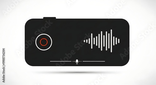 Black audio recorder device with waveform, record button, and microphone icon