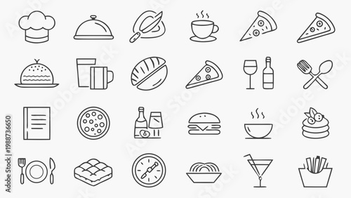 A set of minimalist line art icons depicting various food and drink items