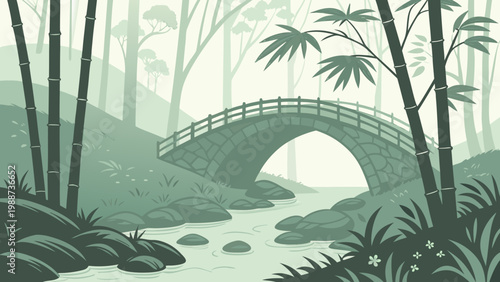 A serene vector illustration of a stone bridge over a stream in a misty forest with bamboo trees and lush greenery