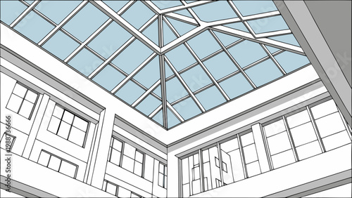 A minimalist vector illustration of a modern building's interior with a large glass atrium