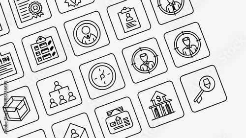 A collection of business icons in a flat, minimal design style, featuring various symbols for finance, management, and productivity.