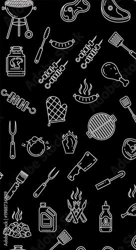 Black background filled with white outline illustrations of barbecue and grilling items