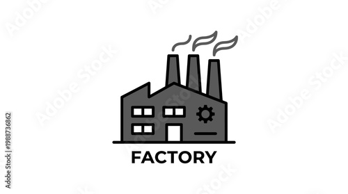 A factory building with smokestacks emitting smoke viewed from outside in daytime.