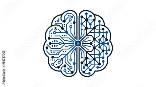 A blue circuit board brain illustration represents technology and innovation in a graphic design.