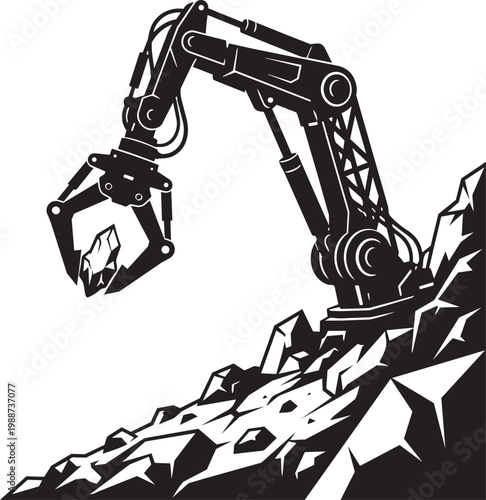 Robotic arm mining glowing mineral on asteroid