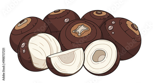 Pile of dark brown water chestnuts, showcasing both whole and cut-in-half views to reveal their crisp, white interior flesh, perfect for Asian cuisine.