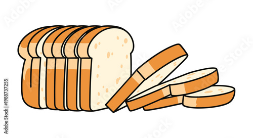 Freshly baked loaf of classic white bread is partially sliced with several individual slices separated, depicting a staple food item ready for use.