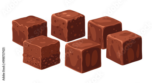 Six perfectly portioned squares of rich, dense chocolate fudge brownies are scattered, highlighting their decadent texture, ideal for a sweet treat.