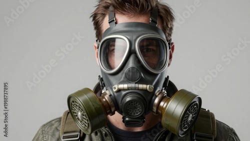 Man Wearing Full Face Gas Mask with Filters - Respiratory Protection and Safety Equipment Portrait