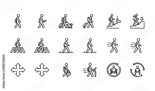 Walking people 15 icon set motion travel pedestrian outline vector