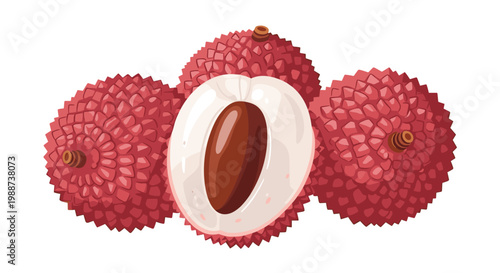 Cluster of vibrant red lychee fruits, with one expertly peeled and halved to showcase its translucent white flesh and prominent dark seed, inviting a taste.